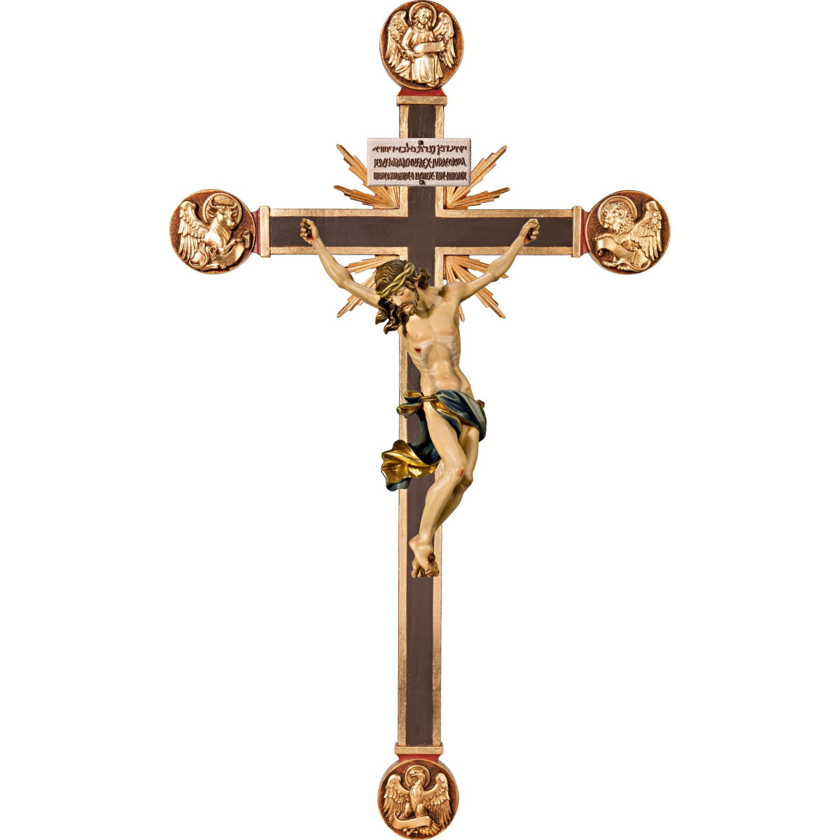 Cristo Barroco em cruz com Evangelistas e rayos com Titulus Crucis em hebraico - latino - grego