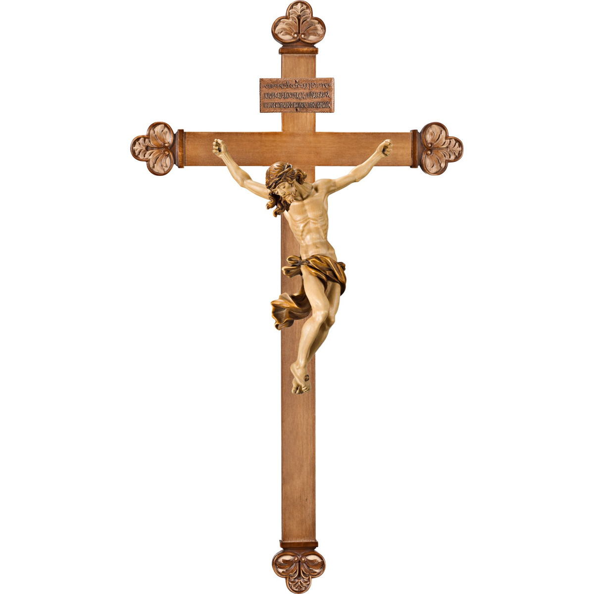 Cristo Barroco em cruz barroca com Titulus Crucis em hebraico - latino - grego