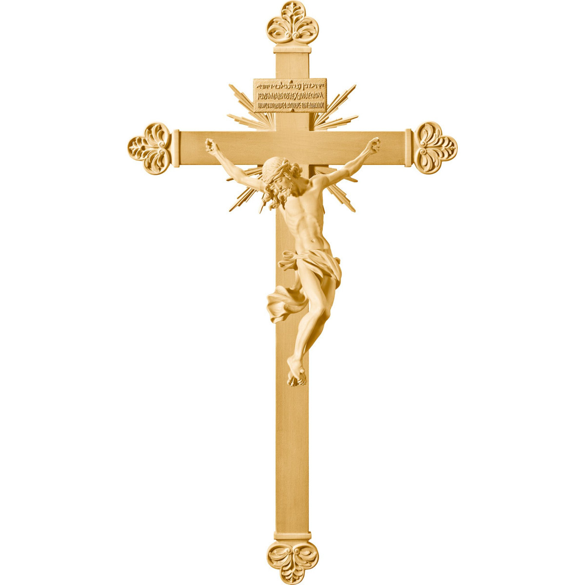 Cristo Barroco em cruz barroca com raios e Titulus Crucis em hebraico - latino - grego