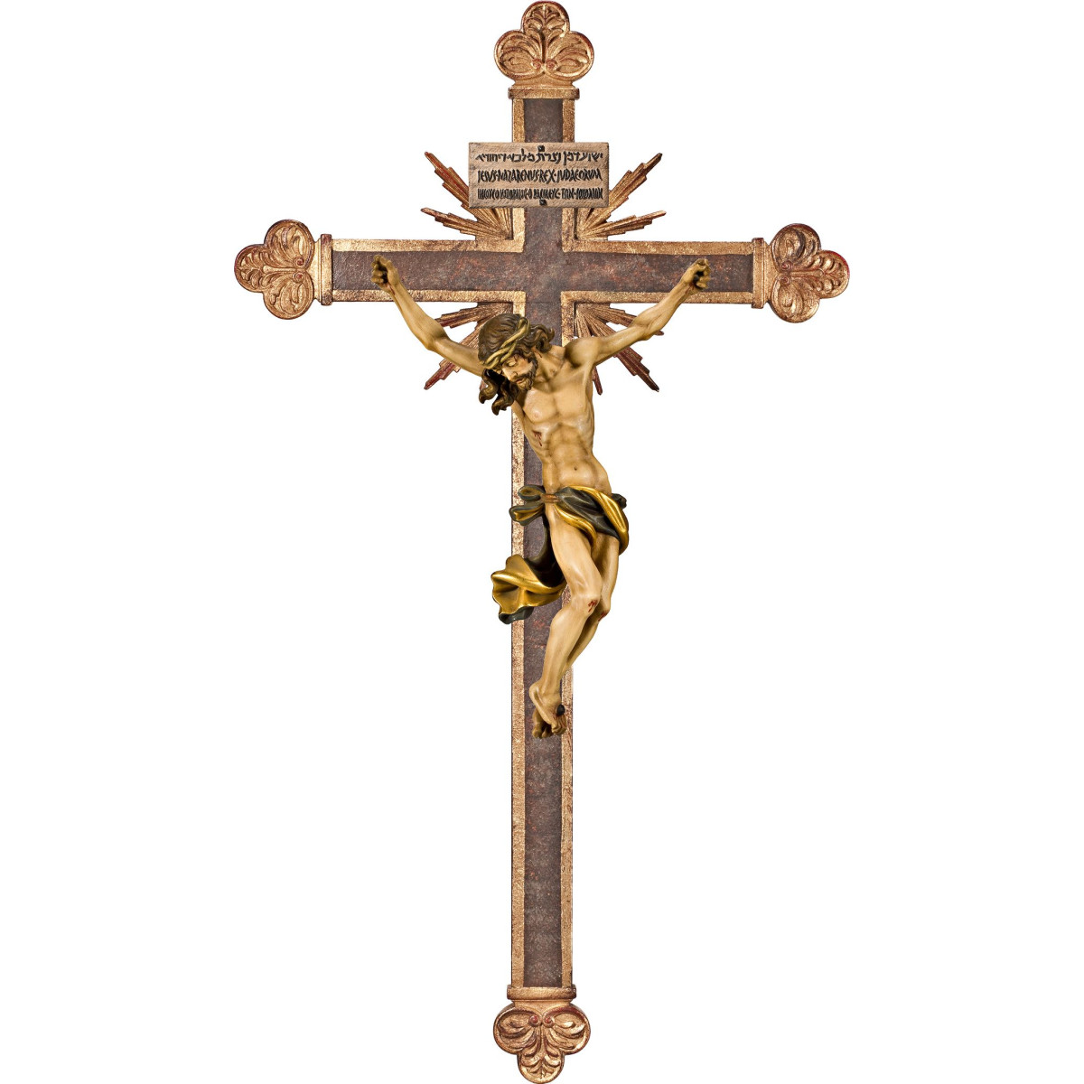 Corpus Barock auf barockem Balken mit Strahlen und Titulus Crucis in hebräisch - latein - griechisch
