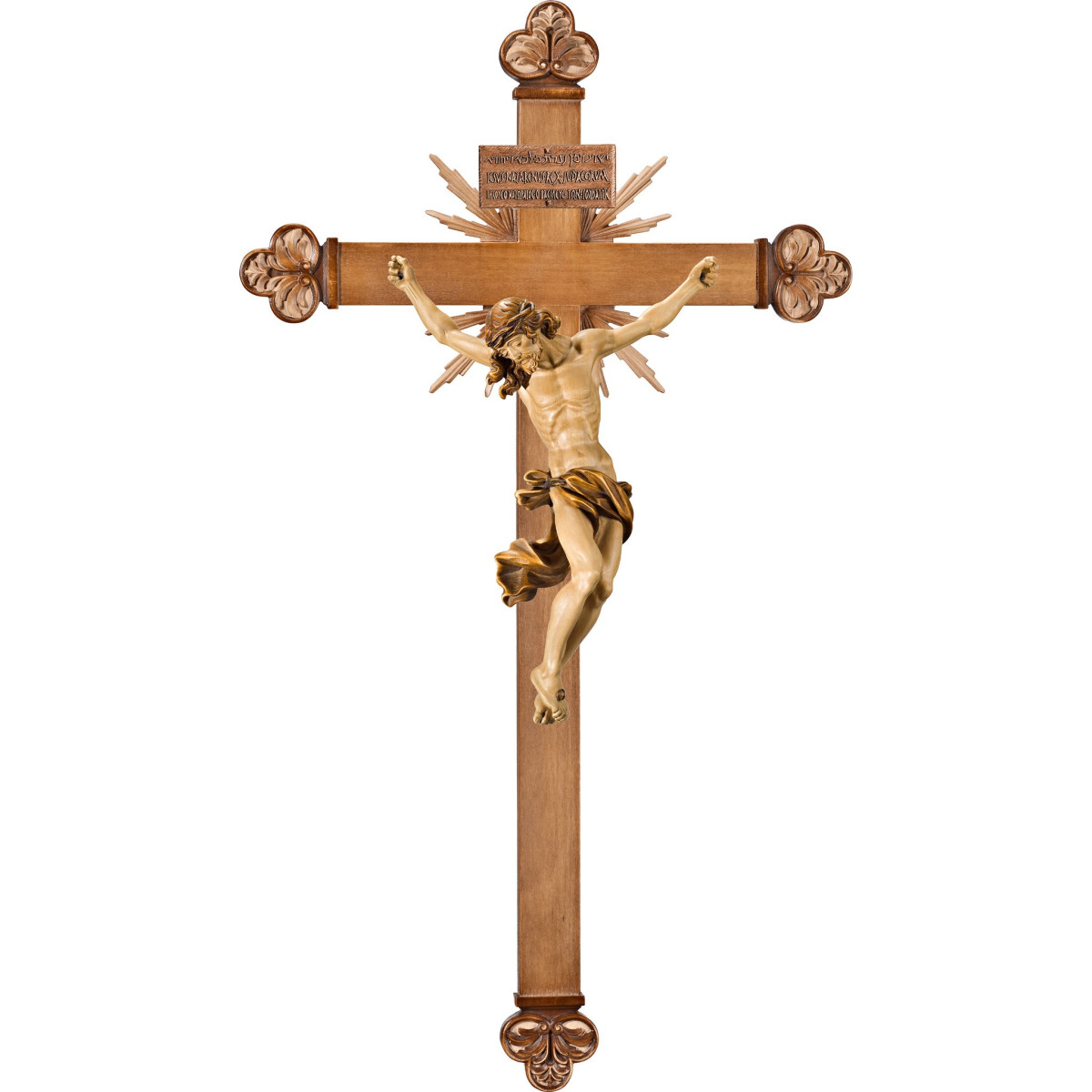Cristo Barroco em cruz barroca com raios e Titulus Crucis em hebraico - latino - grego