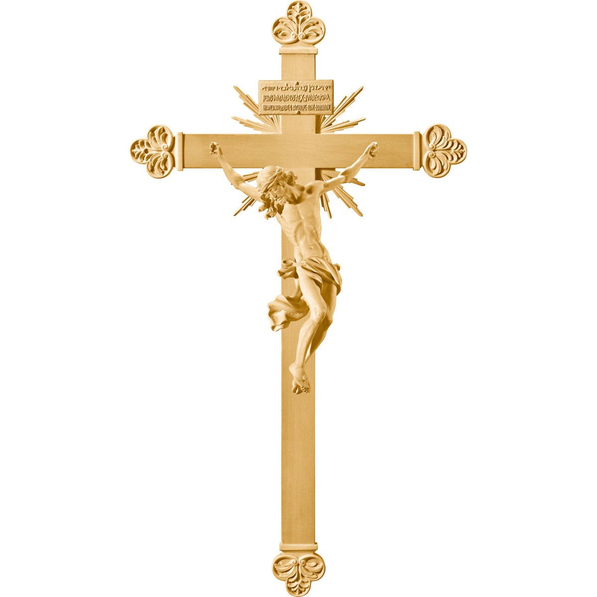 Corpus Baroque on baroque cross with rays and Titulus Crucis in hebrew - latin - greek