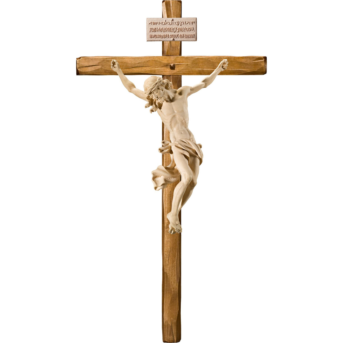 Cristo Barroco em cruz direita com Titulus Crucis em hebraico - latino - grego