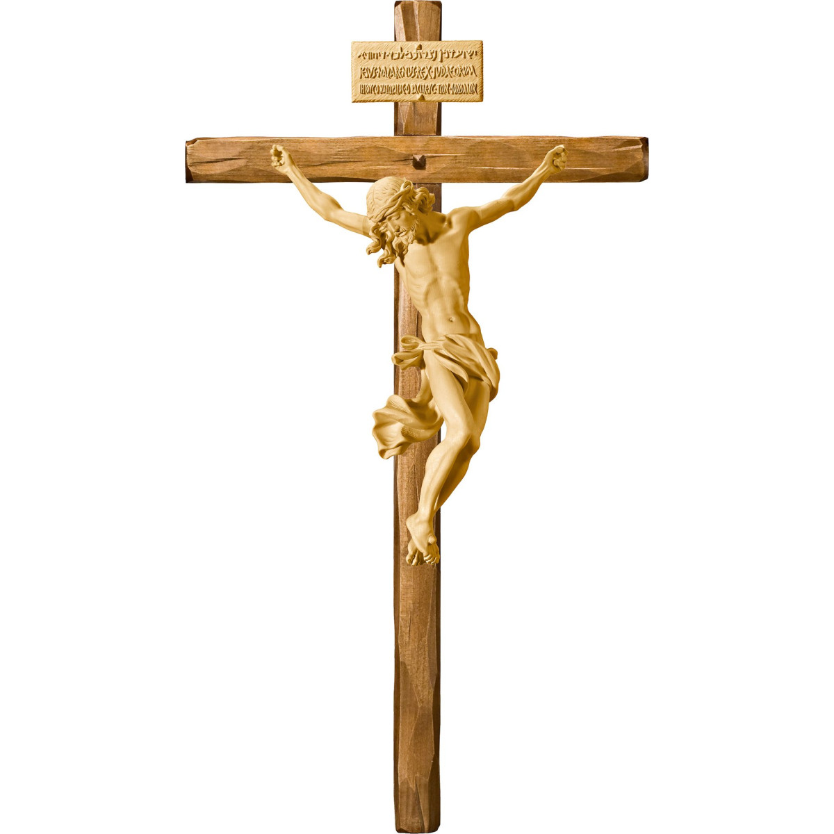 Cristo Barroco em cruz direita com Titulus Crucis em hebraico - latino - grego