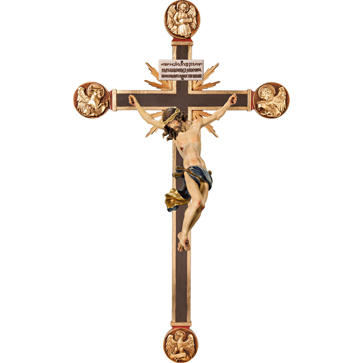 Cristo Barroco em cruz com Evangelistas e rayos com Titulus Crucis em hebraico - latino - grego