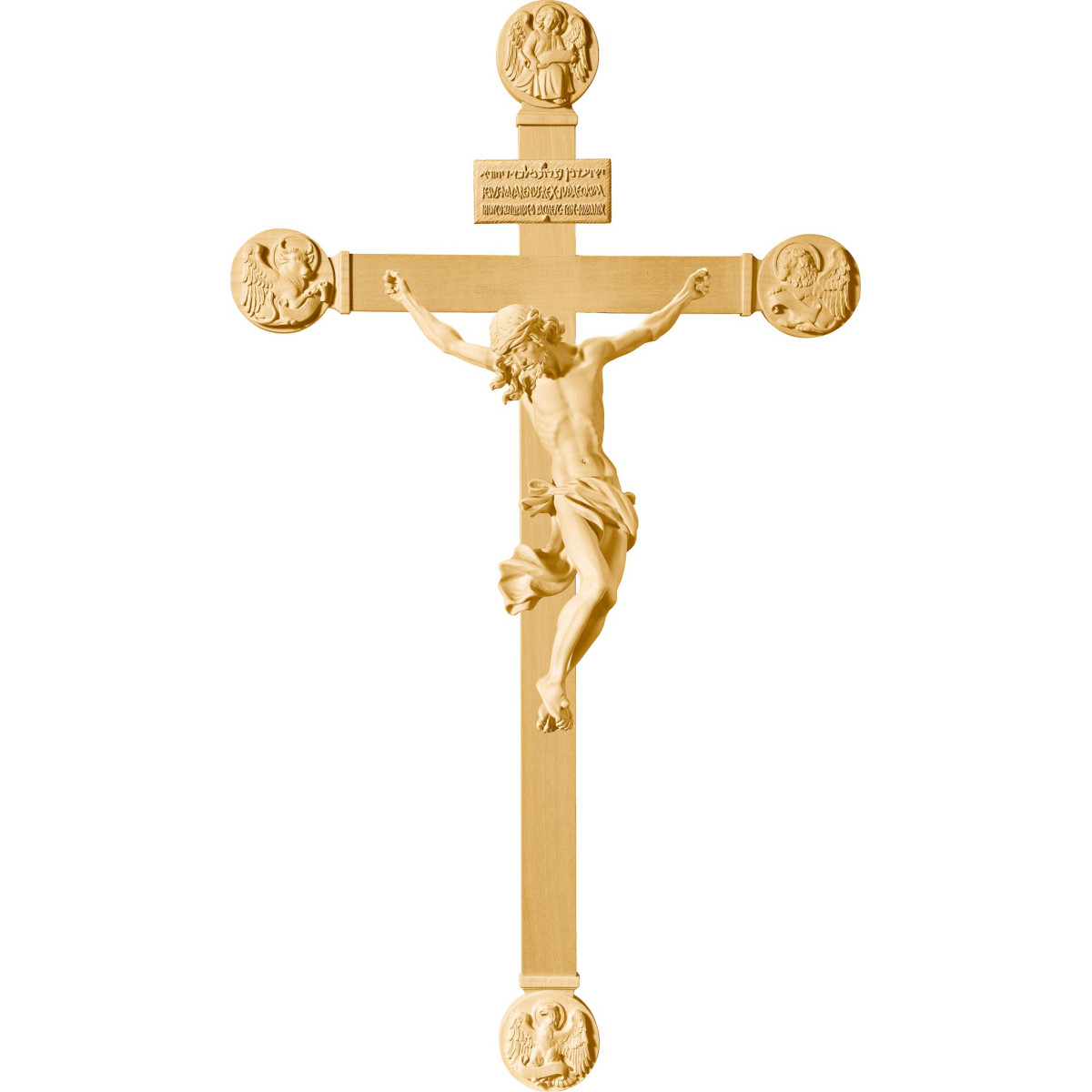 Corpus Barock auf Balken mit Evangelisten und Titulus Crucis in hebräisch - latein - griechisch
