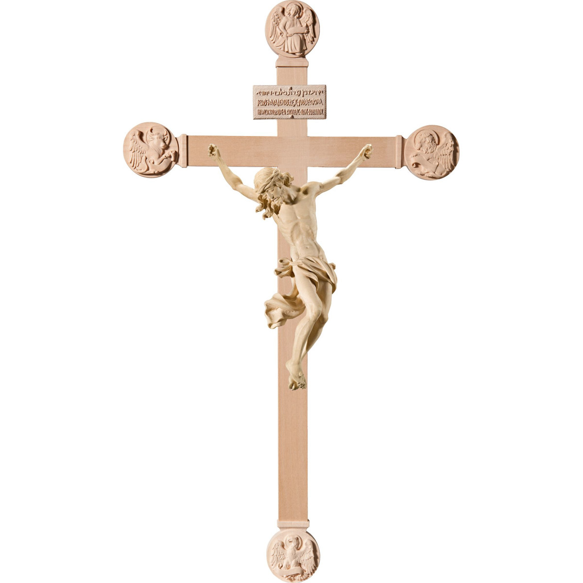 Cristo Barocco su croce con Evangelisti e Titulus Crucis in ebraico - latino - greco