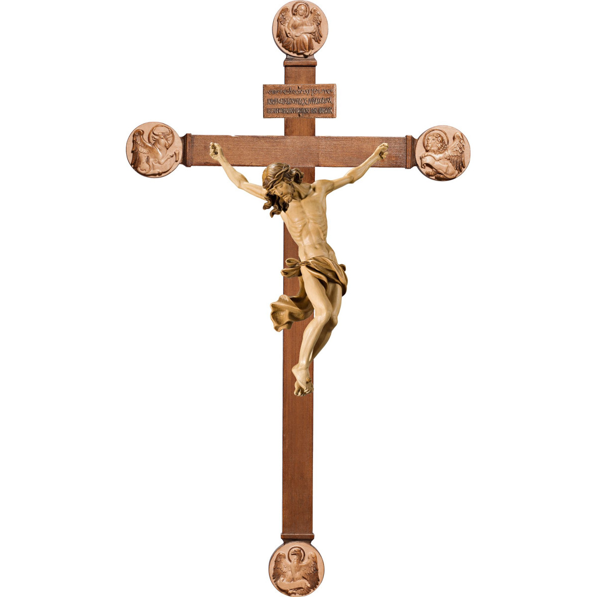 Cristo Barroco em cruz com Evangelistas e Titulus Crucis em hebraico - latino - grego