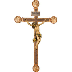 Cristo Barroco em cruz com Evangelistas e Titulus Crucis em hebraico - latino - grego