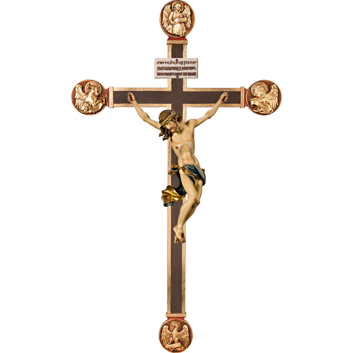 Cristo Barroco em cruz com Evangelistas e Titulus Crucis em hebraico - latino - grego