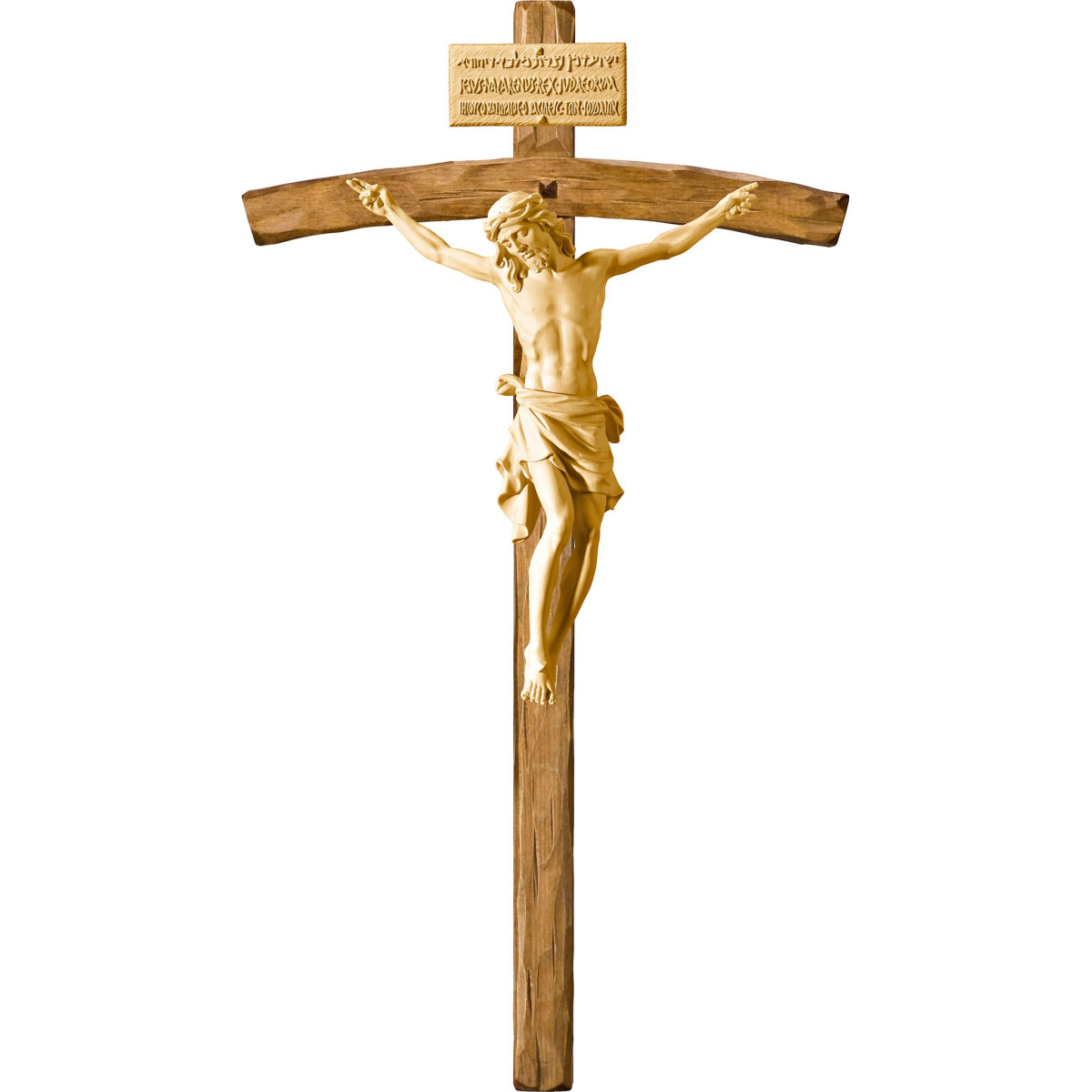 Cristo Pisa em cruz arcada com Titulus Crucis em hebraico - latino - grego
