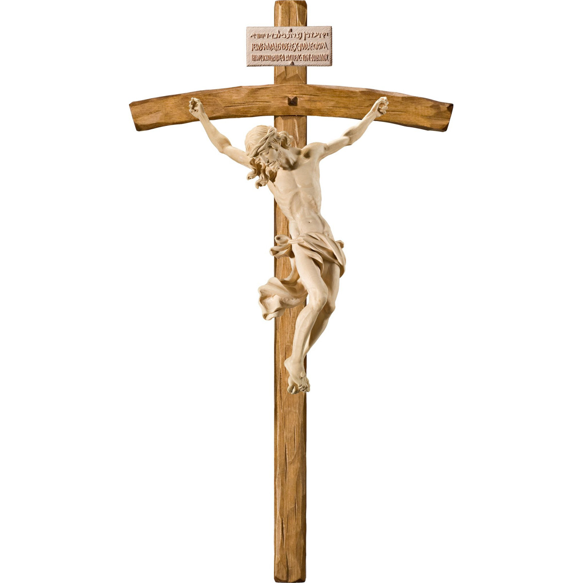 Cristo Barroco em cruz arcada com Titulus Crucis em hebraico - latino - grego