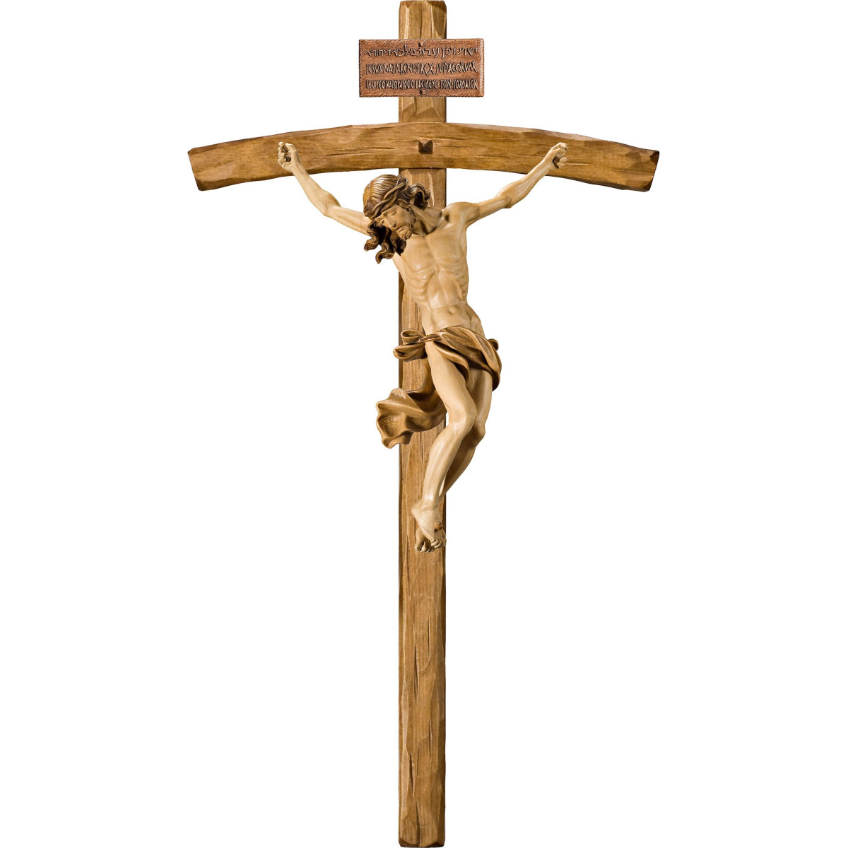 Cristo Barocco su croce arcata con Titulus Crucis in ebraico - latino - greco