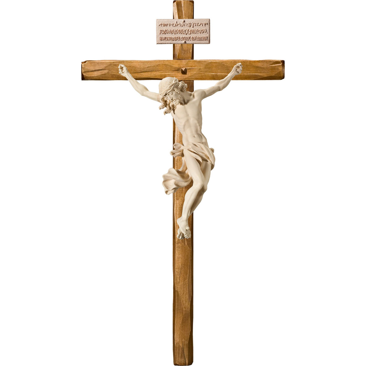 Cristo Barroco em cruz direita com Titulus Crucis em hebraico - latino - grego