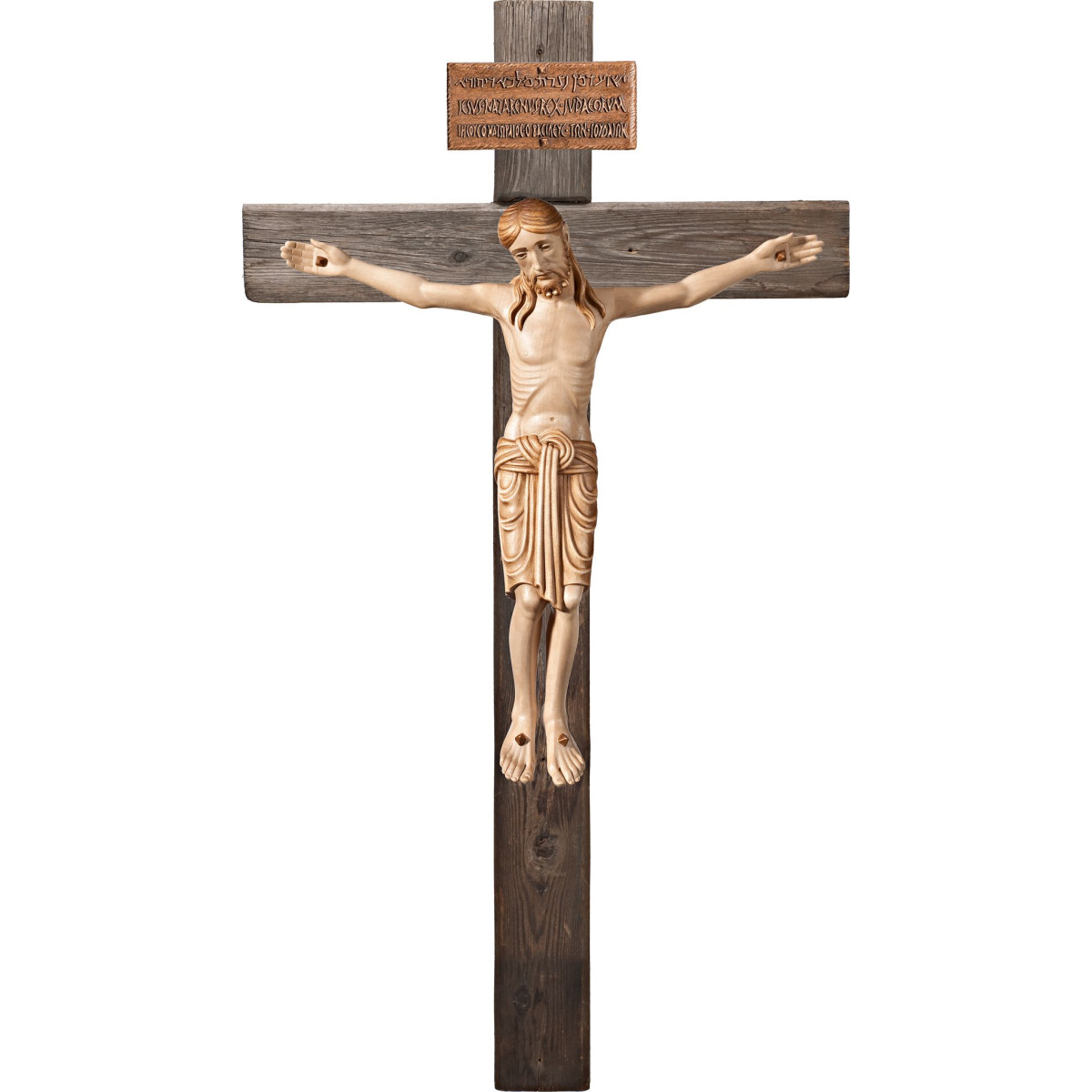 Cristo Românico em cruz Madeira velha com Titulus Crucis em hebraico - latino - grego