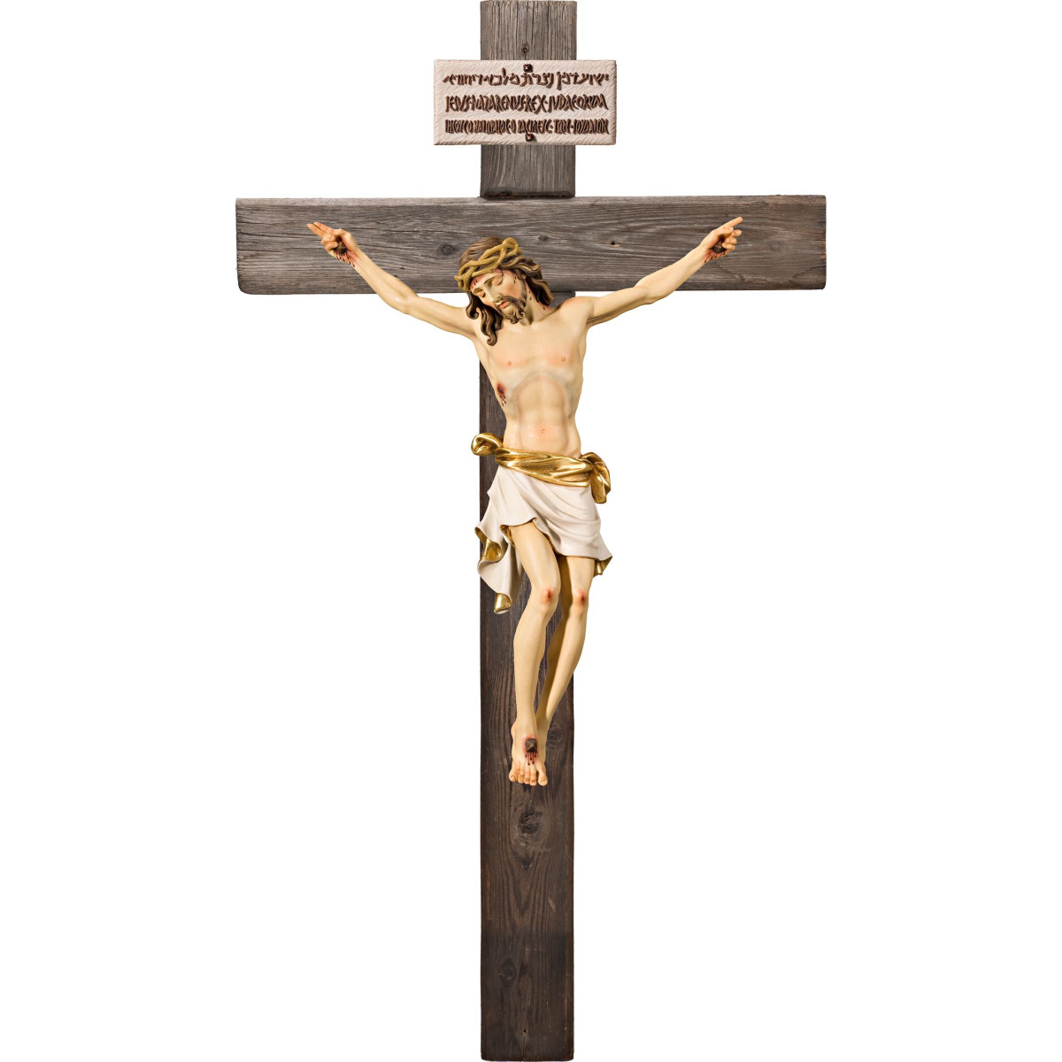 Cristo Pisa en cruz Madera vieja con Titulus Crucis en hebreo - latín - griego