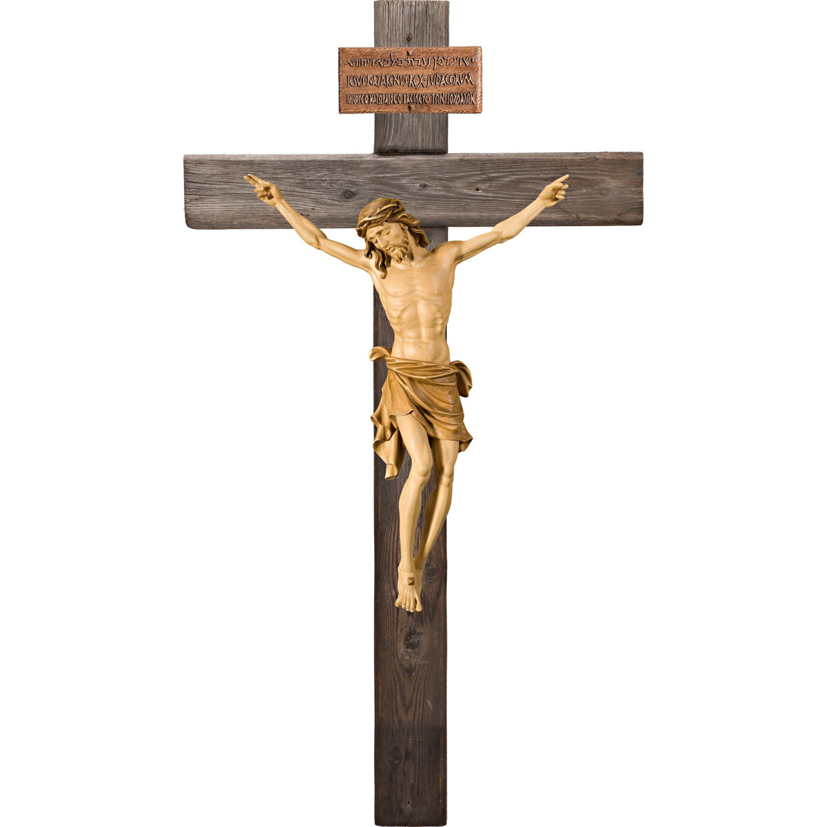 Cristo Pisa su croce Legno vecchio con Titulus Crucis in ebraico - latino - greco