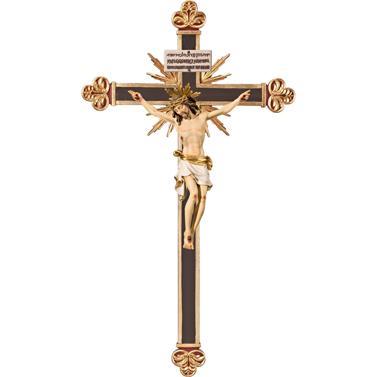 Cristo Pisa em cruz barroca com raios e Titulus Crucis em hebraico - latino - grego