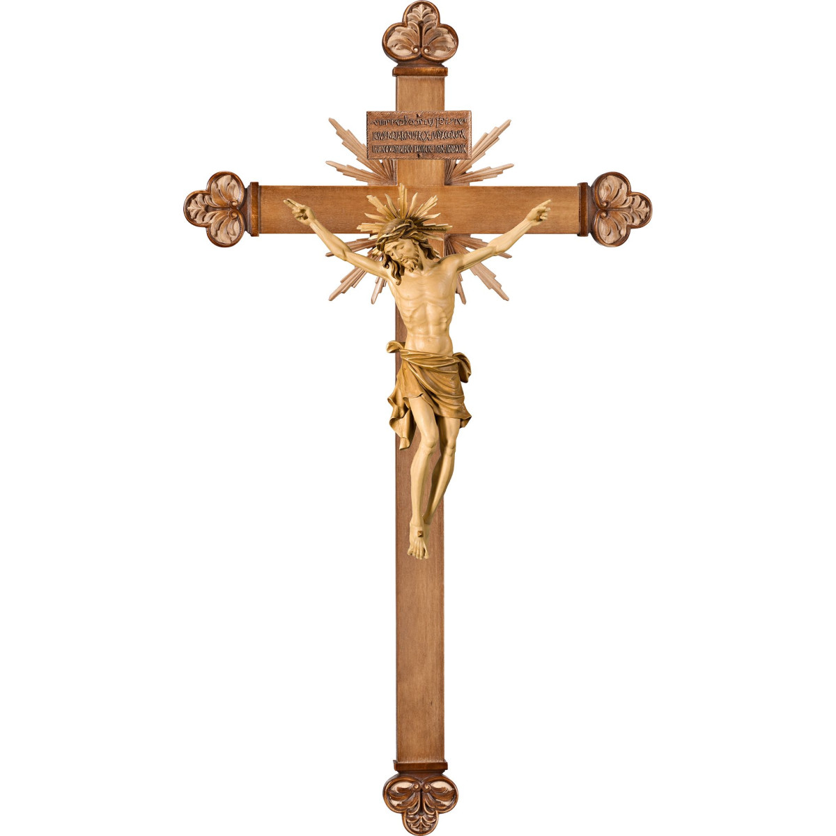 Cristo Pisa su croce barocca con raggi e Titulus Crucis in ebraico - latino - greco
