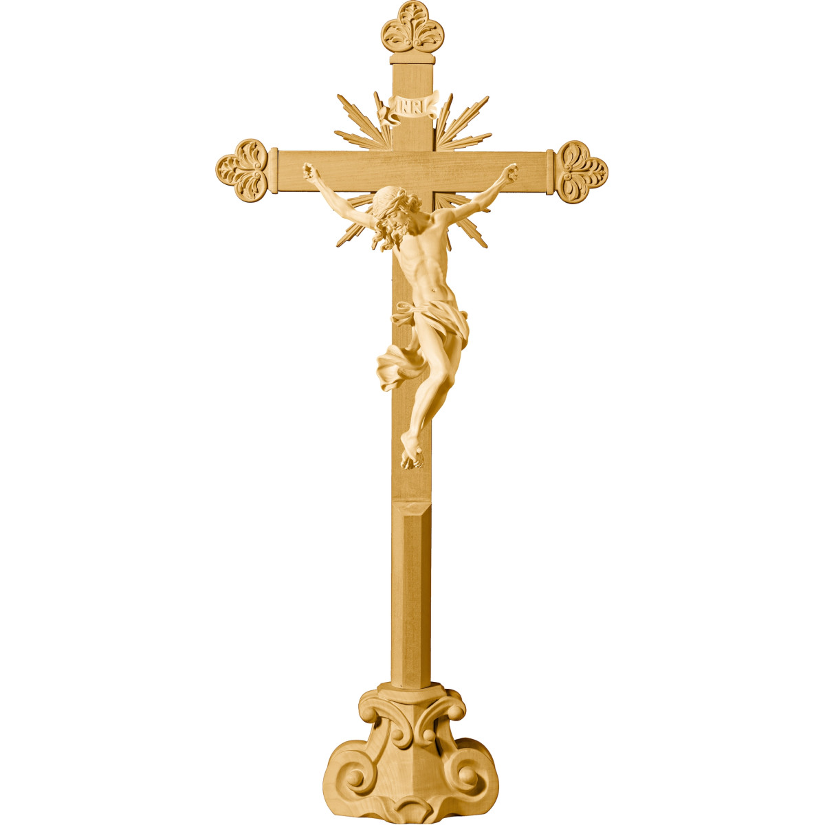 Cristo Barocco su croce barocca con raggi su piedistallo