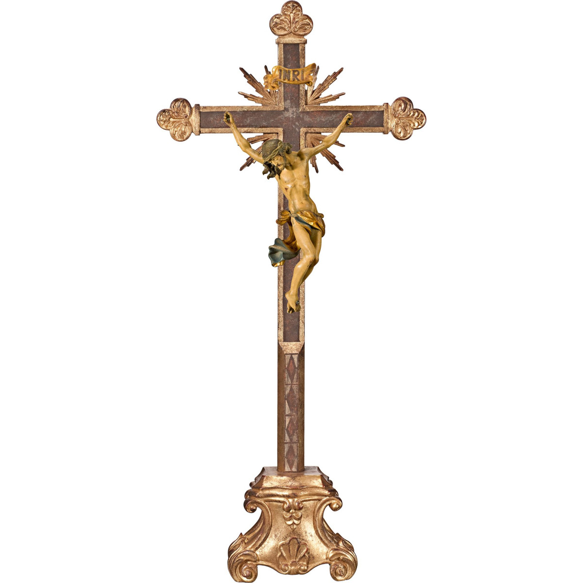 Cristo Barocco su croce barocca con raggi su piedistallo