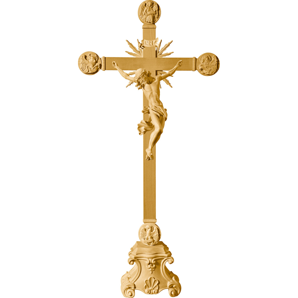 Cristo Barroco em cruz com Evangelistas e raios em pedestal