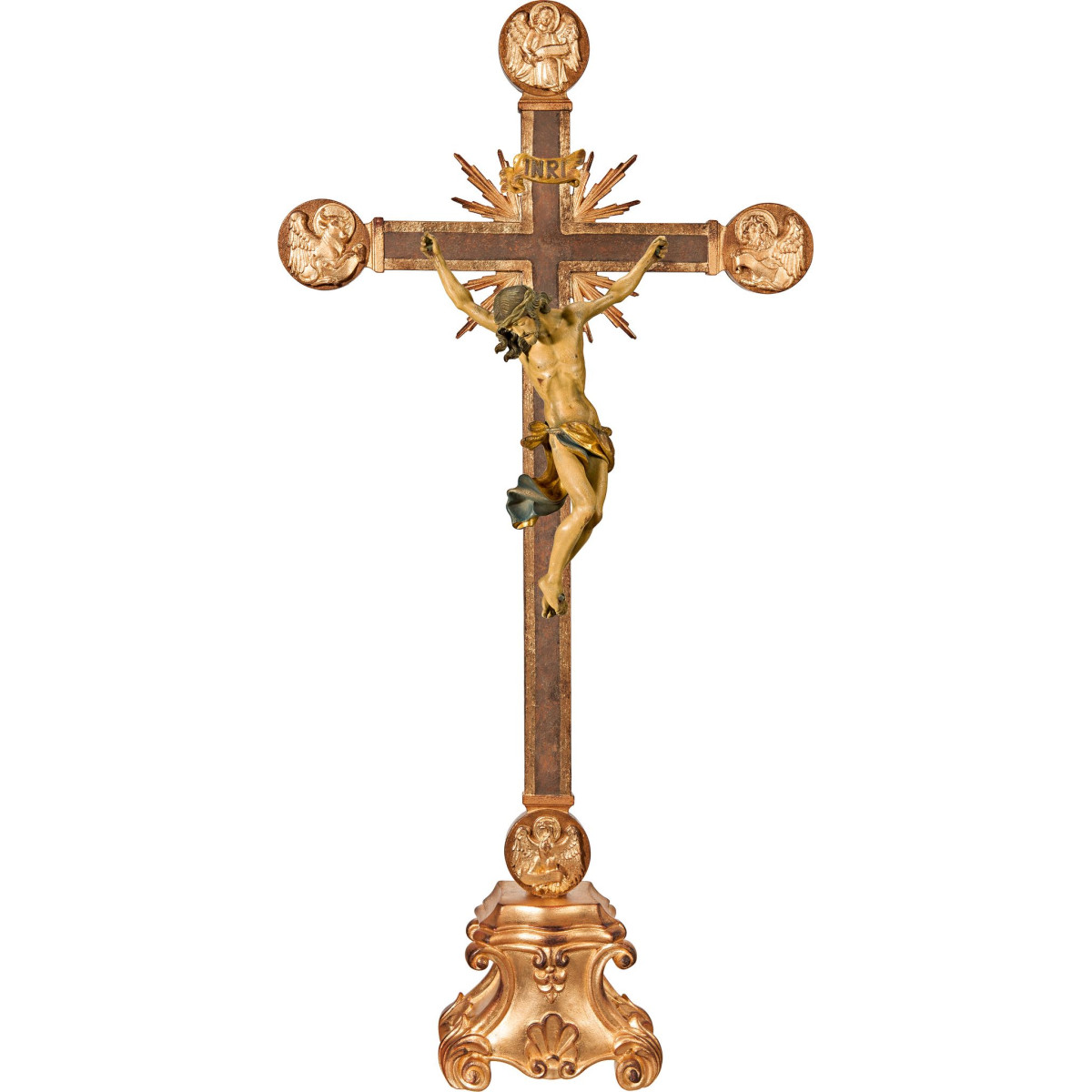 Cristo Barroco em cruz com Evangelistas e raios em pedestal