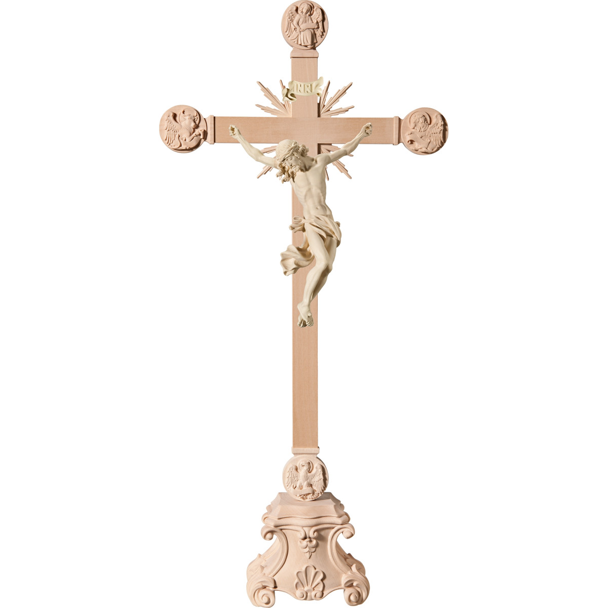 Corpus Barock auf Standkreuz mit Evangelisten und Strahlen