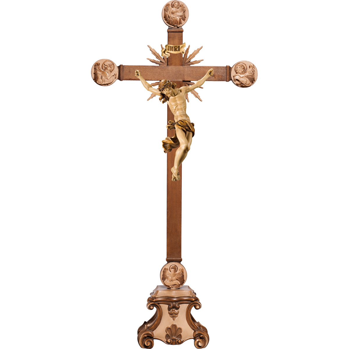 Cristo Barocco su croce con Evangelisti e raggi su piedistallo