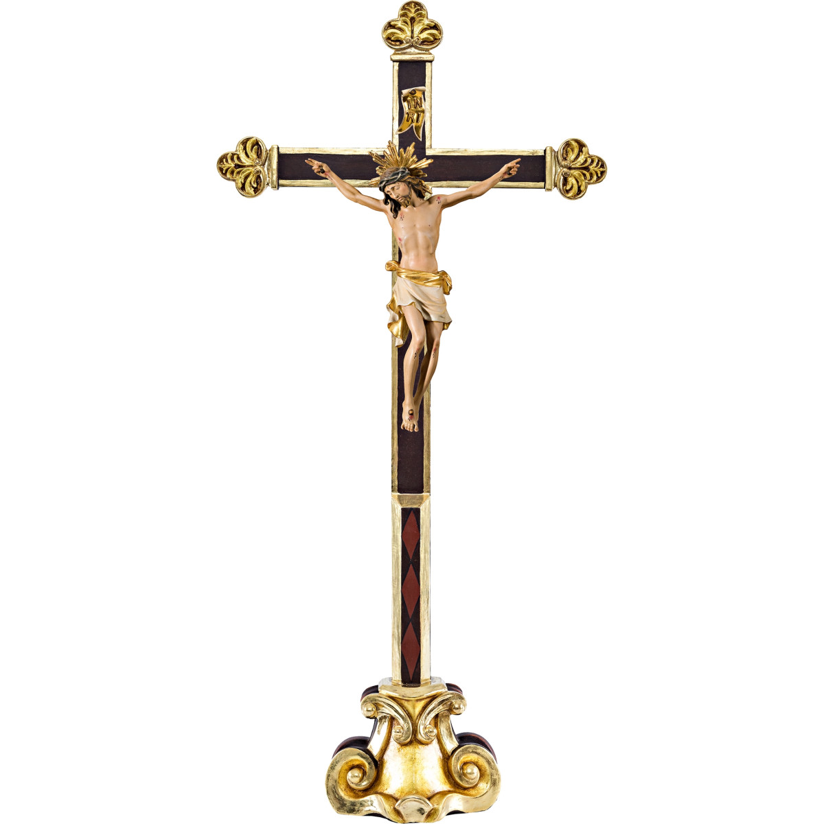 Cristo Pisa su croce barocca su piedistallo