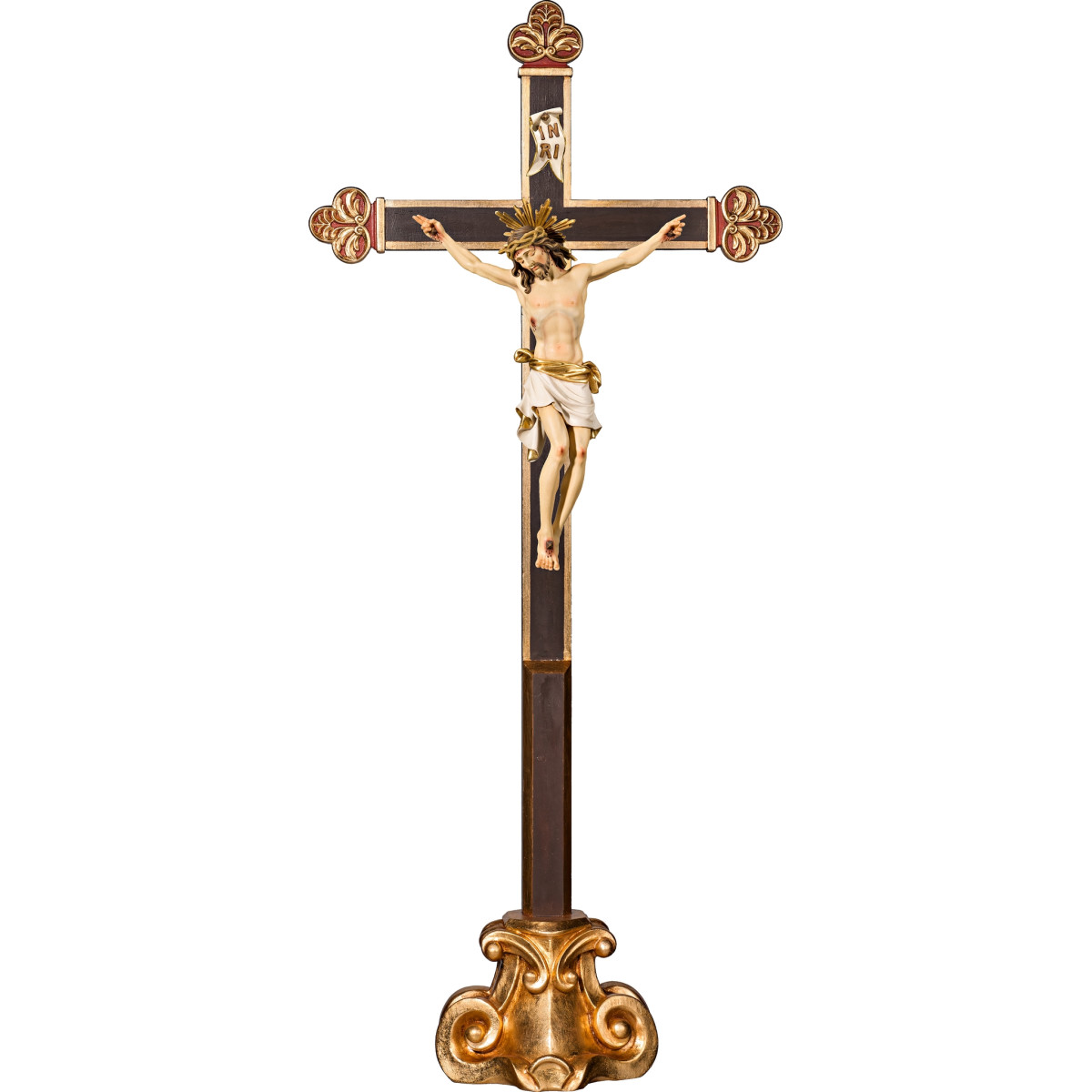 Cristo Pisa em cruz barroca em pedestal