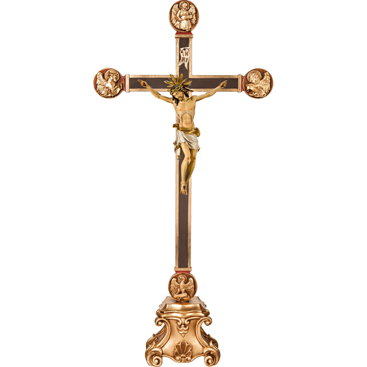 Corpus Pisa auf Standkreuz mit Evangelisten