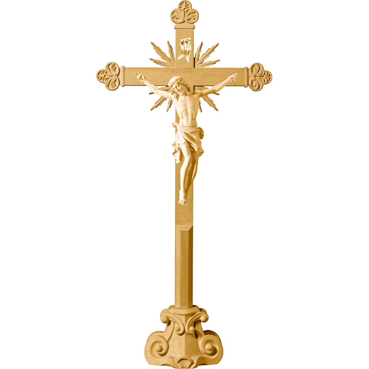 Cristo Pisa su croce barocca con raggi su piedistallo