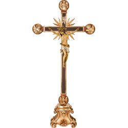 Corpus Pisa on cross with Evangelists and rays on pedestal