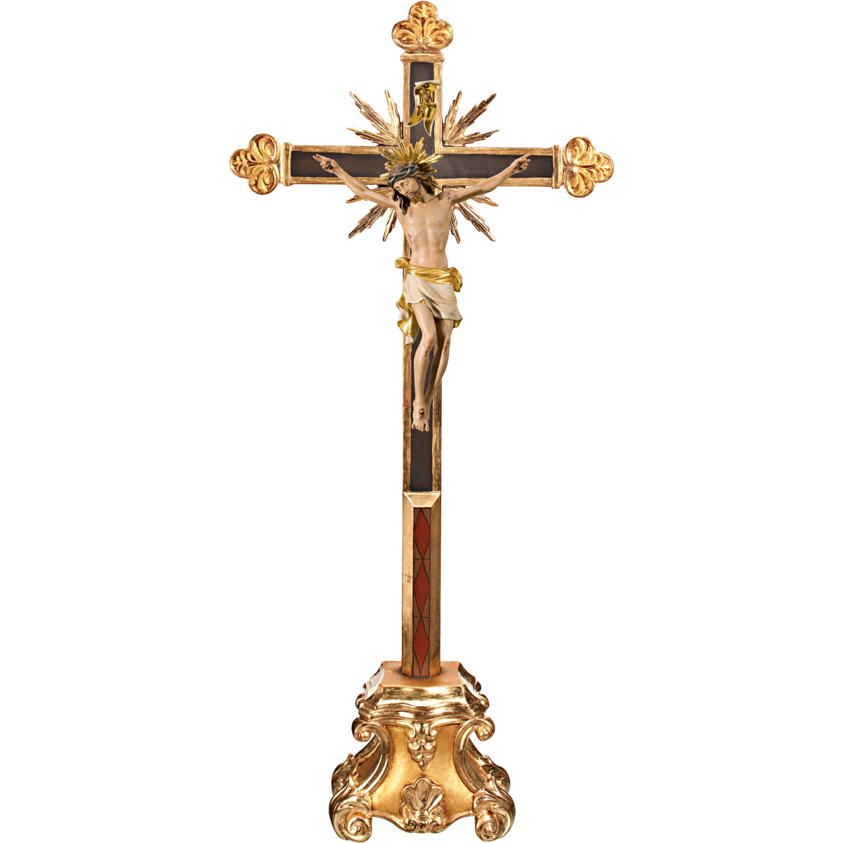 Corpus Pisa on cross baroque with rays on pedestal