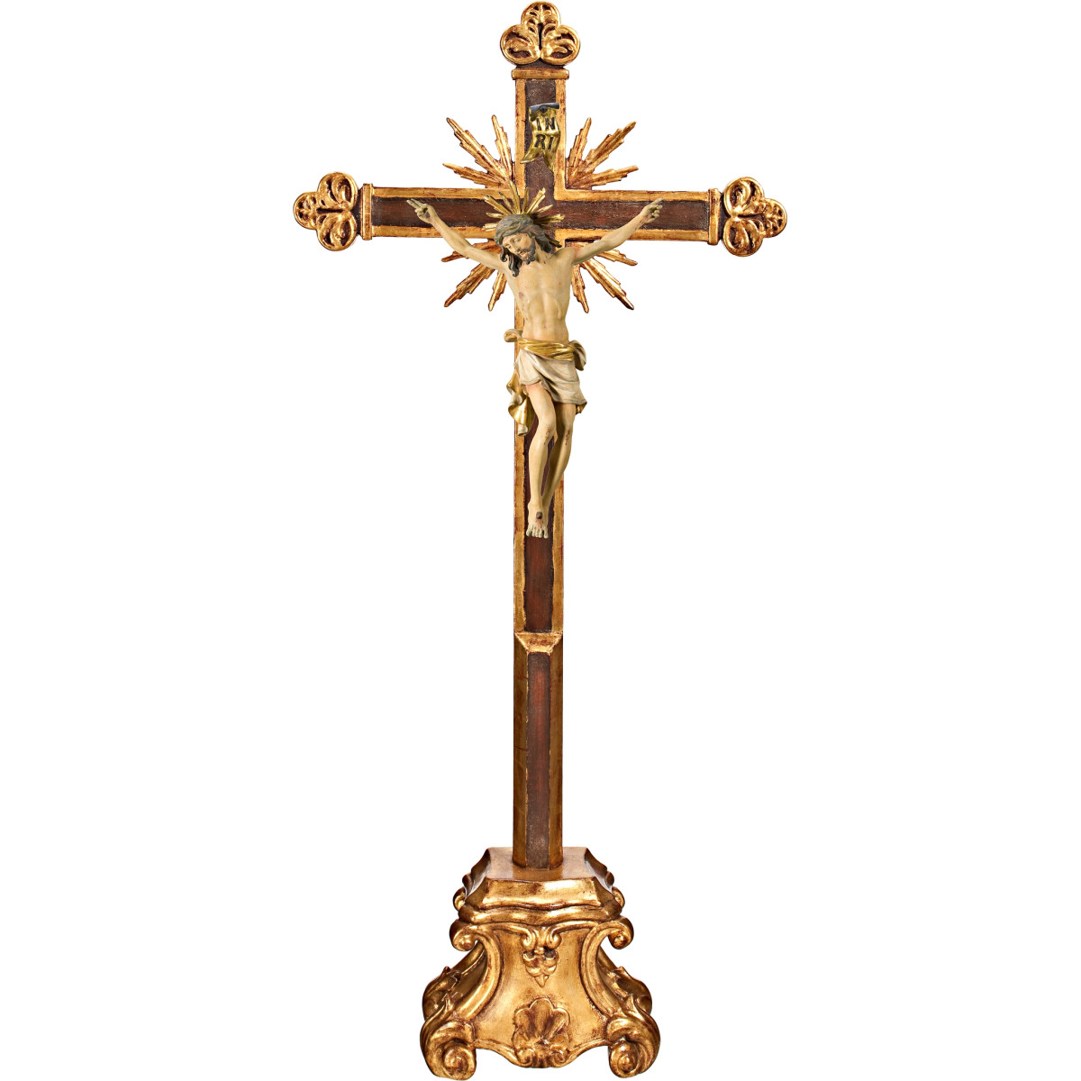 Cristo Pisa em cruz barroca com raios em pedestal