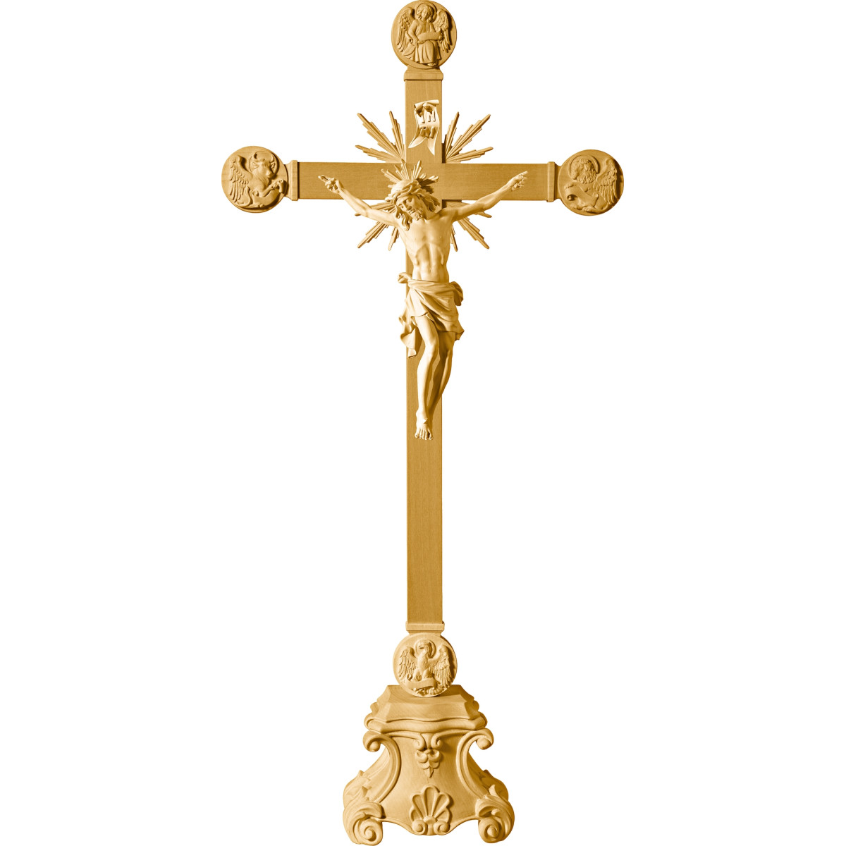 Corpus Pisa auf Standkreuz mit Evangelisten und Strahlen