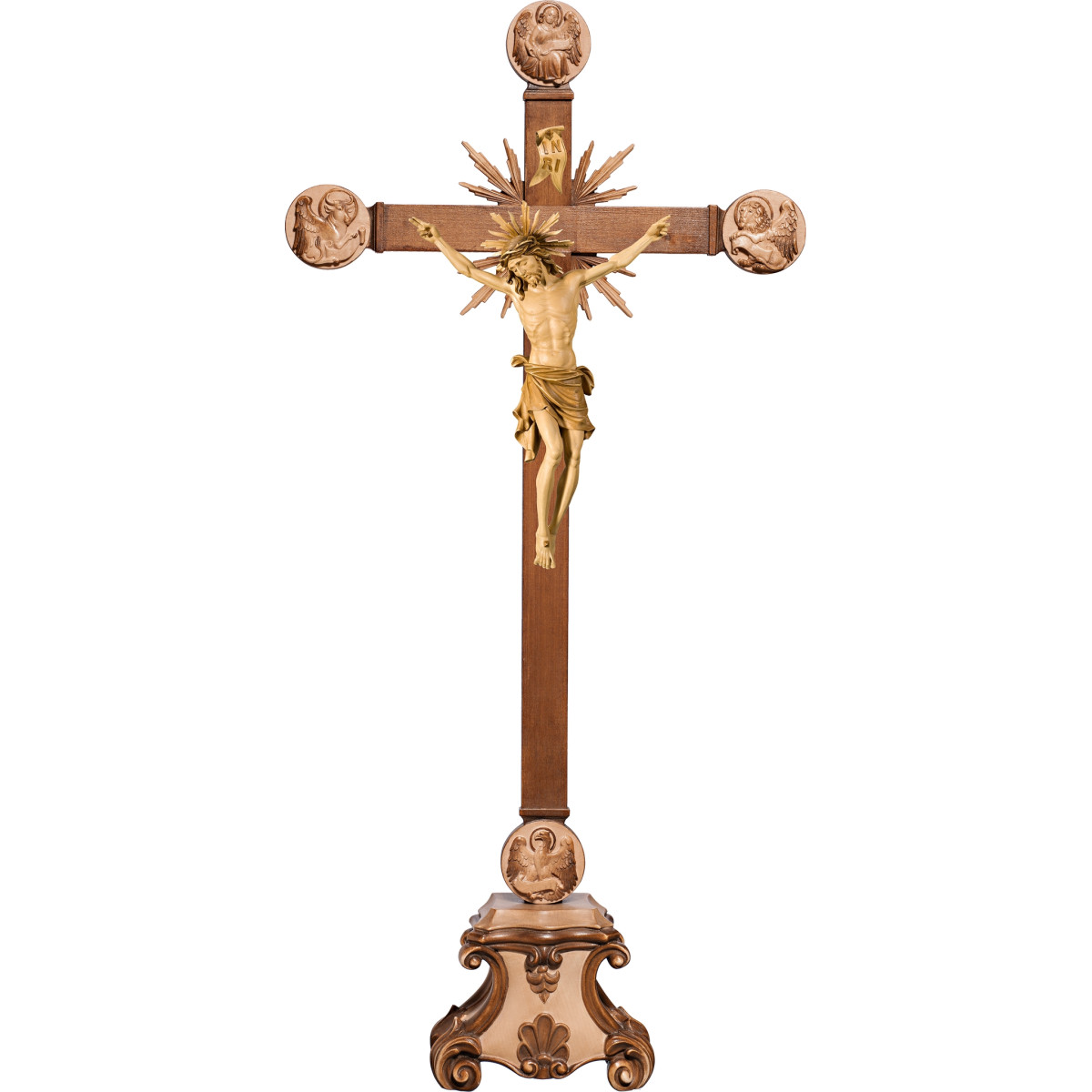 Corpus Pisa on cross with Evangelists and rays on pedestal