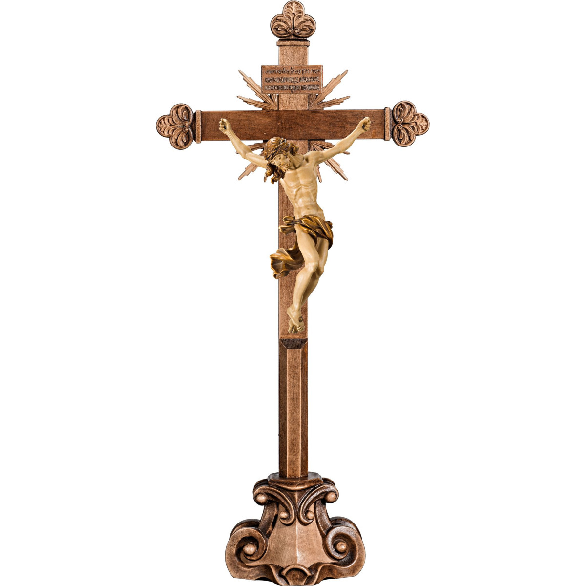 Corpus Baroque on cross baroque with rays on pedestal and Titulus Crucis in hebrew - latin - greek