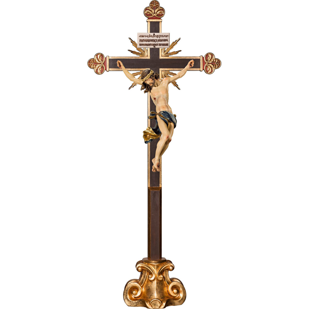 Corpus Barock auf Standkreuz barock mit Strahlen Titulus Crucis in hebräisch - latein - griechisch