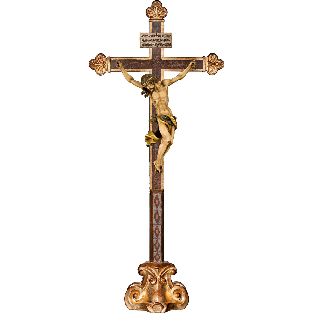 Corpus Barock auf Standkreuz barock mit Titulus Crucis in hebräisch - latein - griechisch