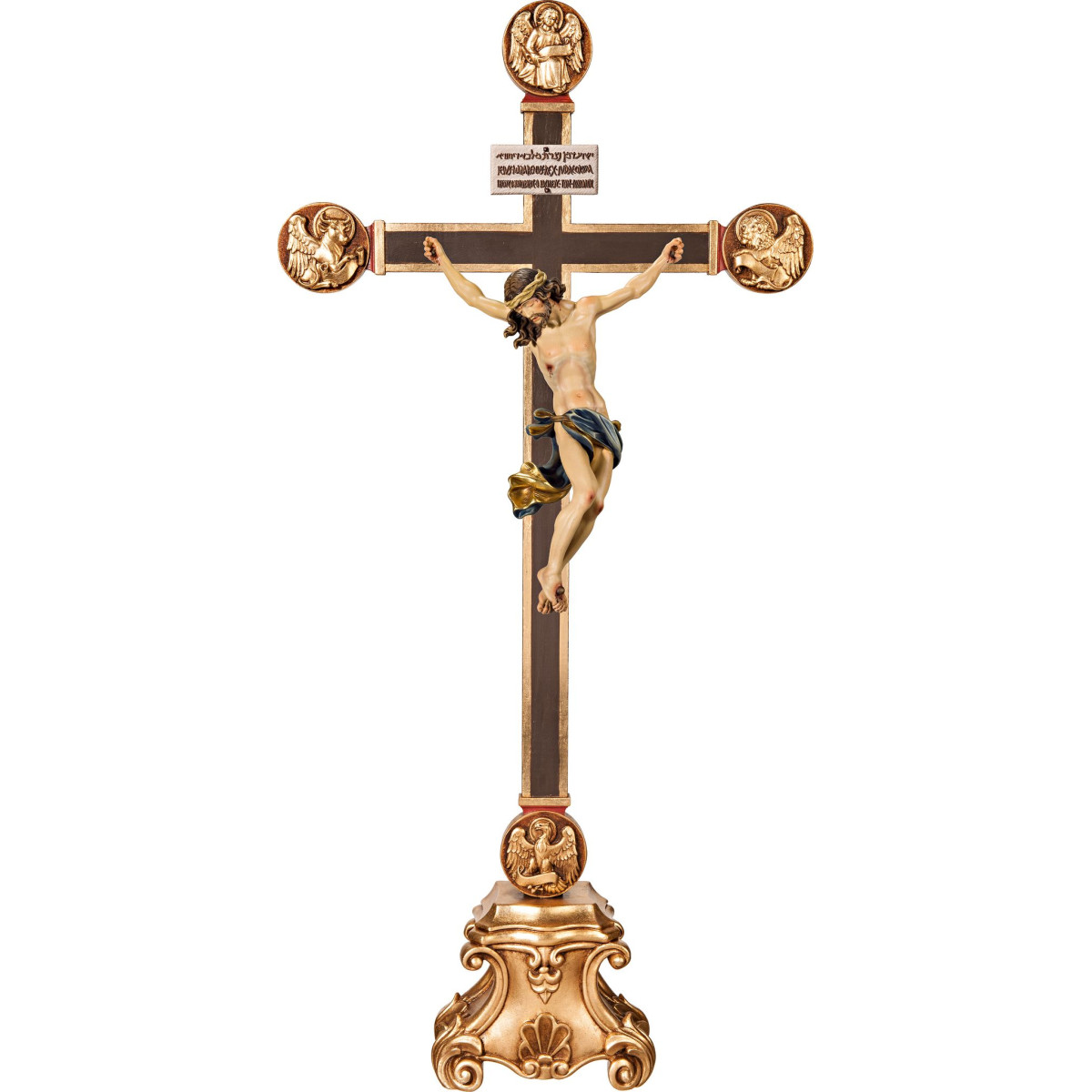 Corpus Barock auf Standkreuz mit Evangelisten und Titulus Crucis in hebräisch - latein - griechisch