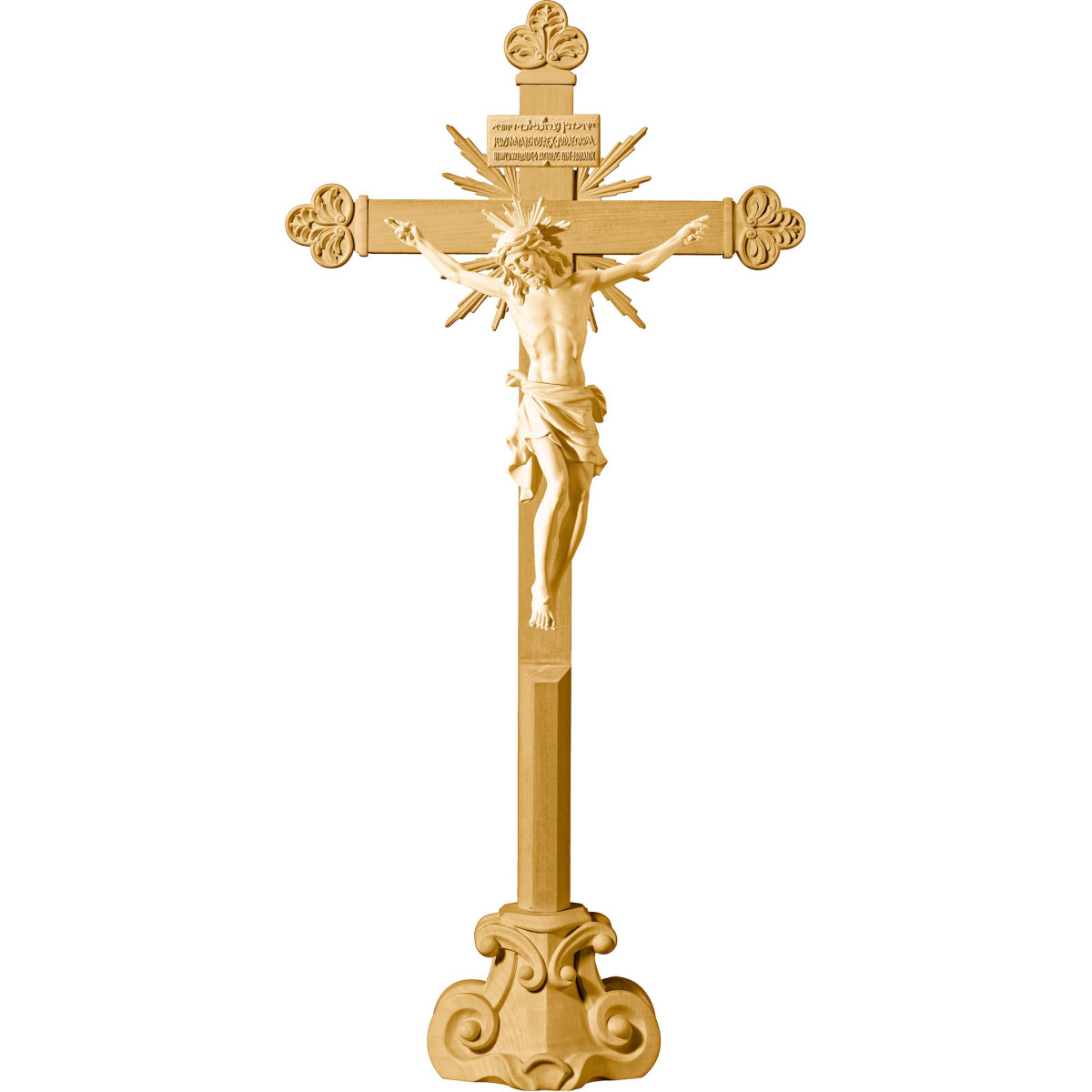 Corpus Pisa auf Standkreuz barock mit Strahlen Titulus Crucis in hebräisch - latein - griechisch