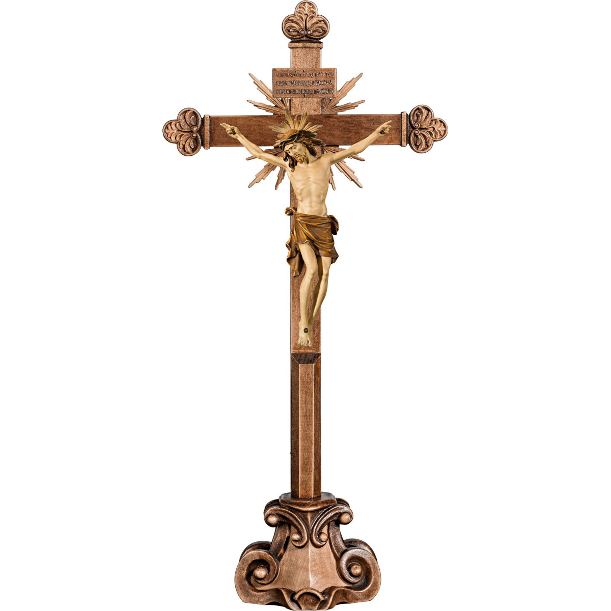 Corpus Pisa auf Standkreuz barock mit Strahlen Titulus Crucis in hebräisch - latein - griechisch