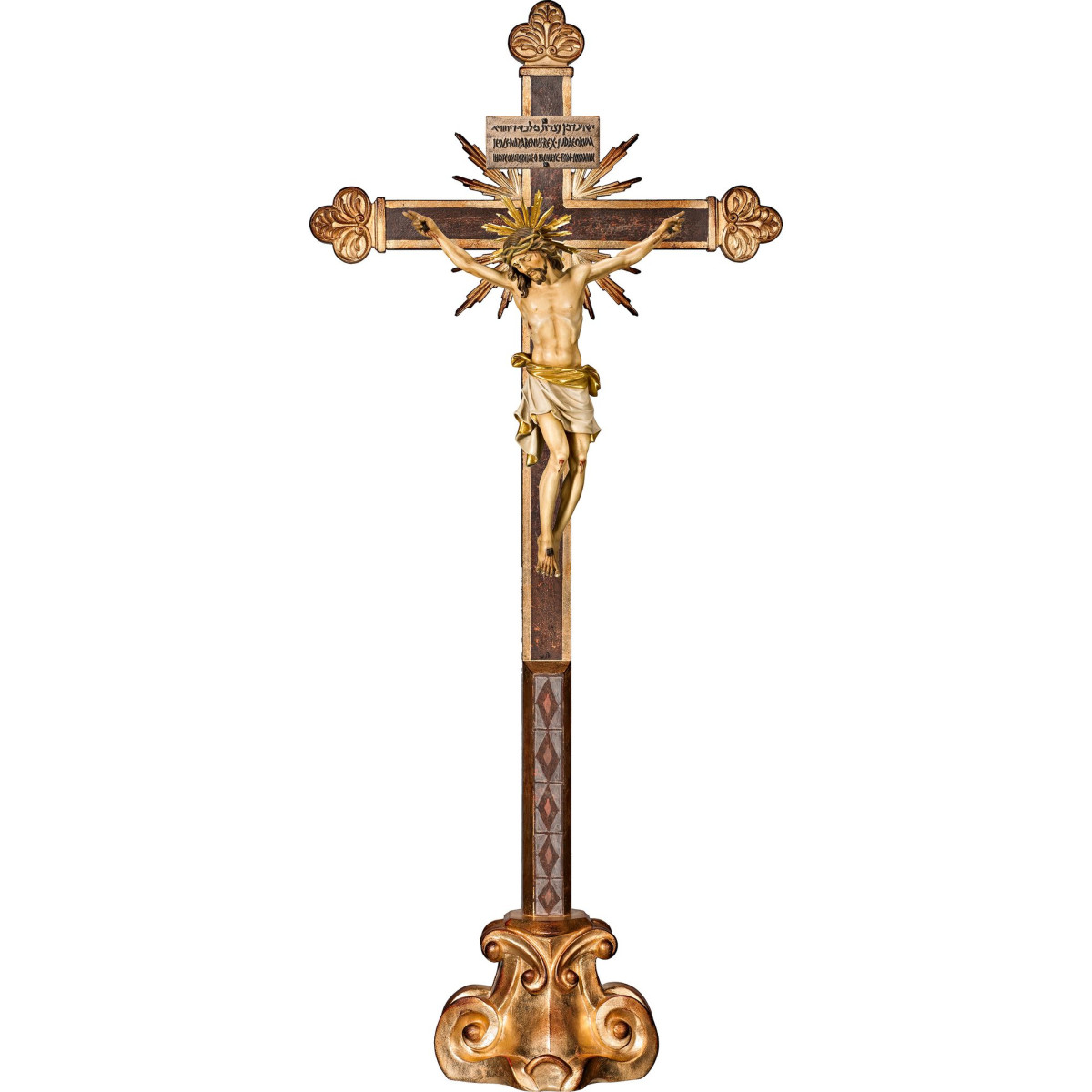 Corpus Pisa auf Standkreuz barock mit Strahlen Titulus Crucis in hebräisch - latein - griechisch