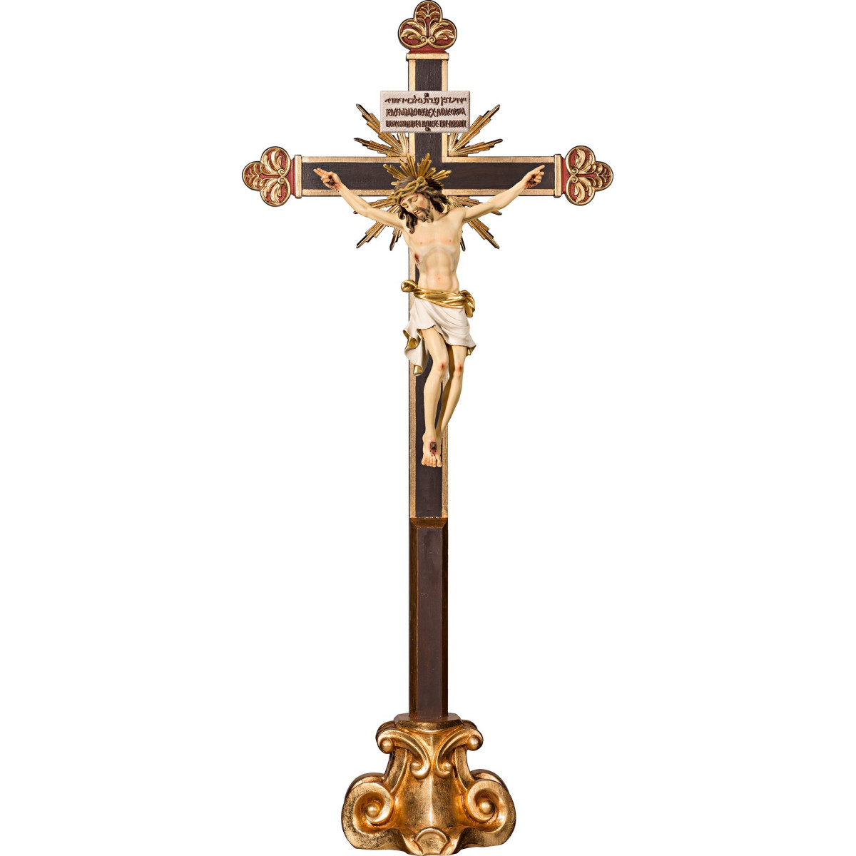 Corpus Pisa auf Standkreuz barock mit Strahlen Titulus Crucis in hebräisch - latein - griechisch