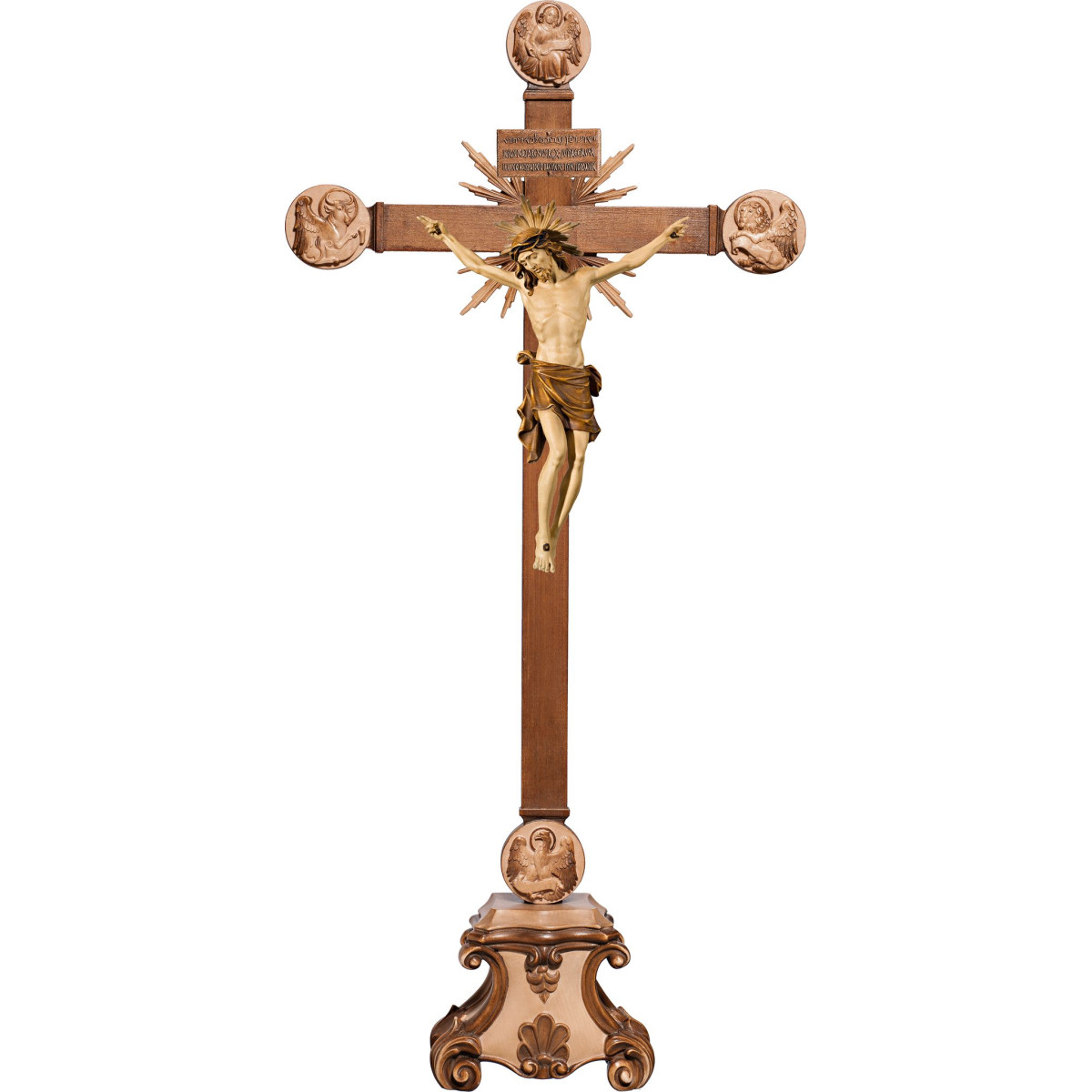 Corpus Barock auf Standkreuz Evangelisten Strahlen Titulus Crucis in hebräisch - latein - griechisch