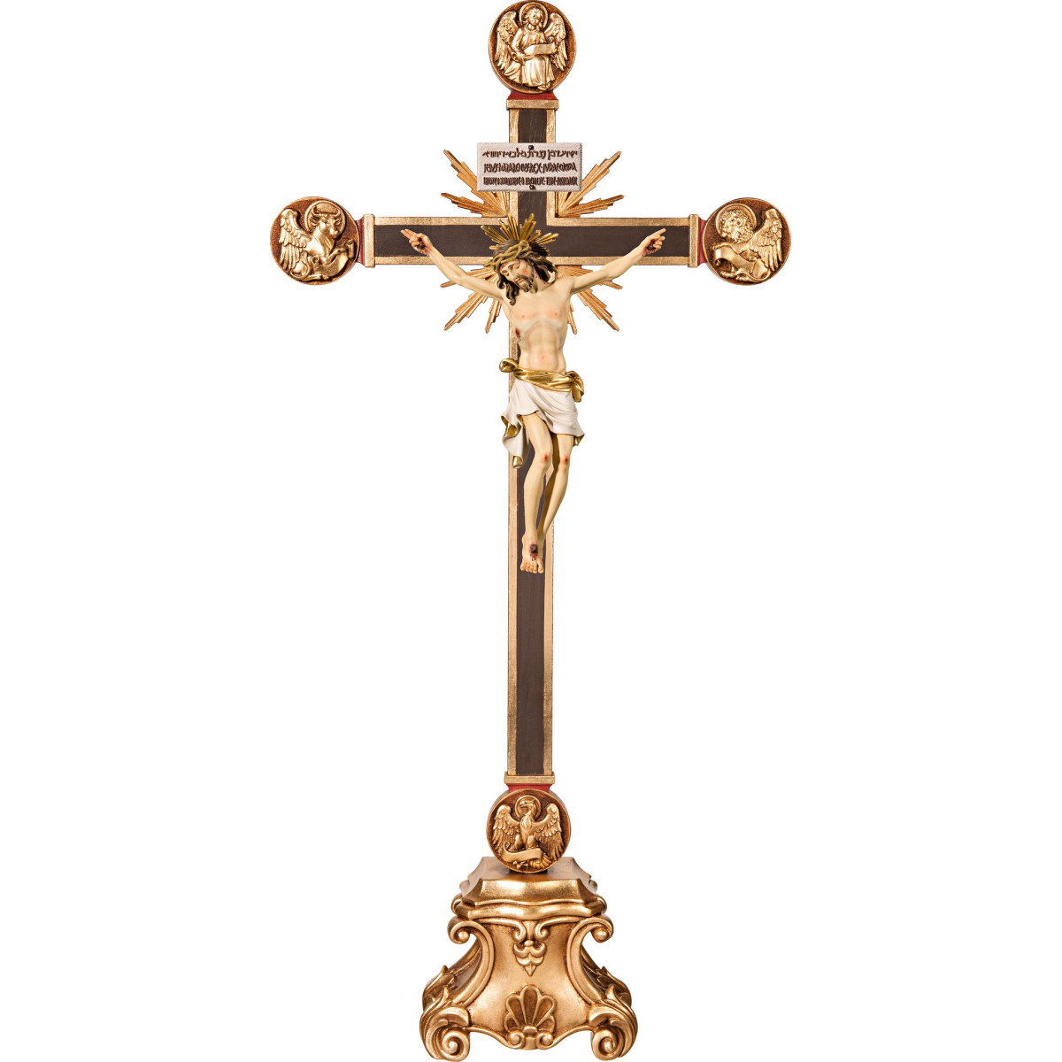 Corpus Barock auf Standkreuz Evangelisten Strahlen Titulus Crucis in hebräisch - latein - griechisch