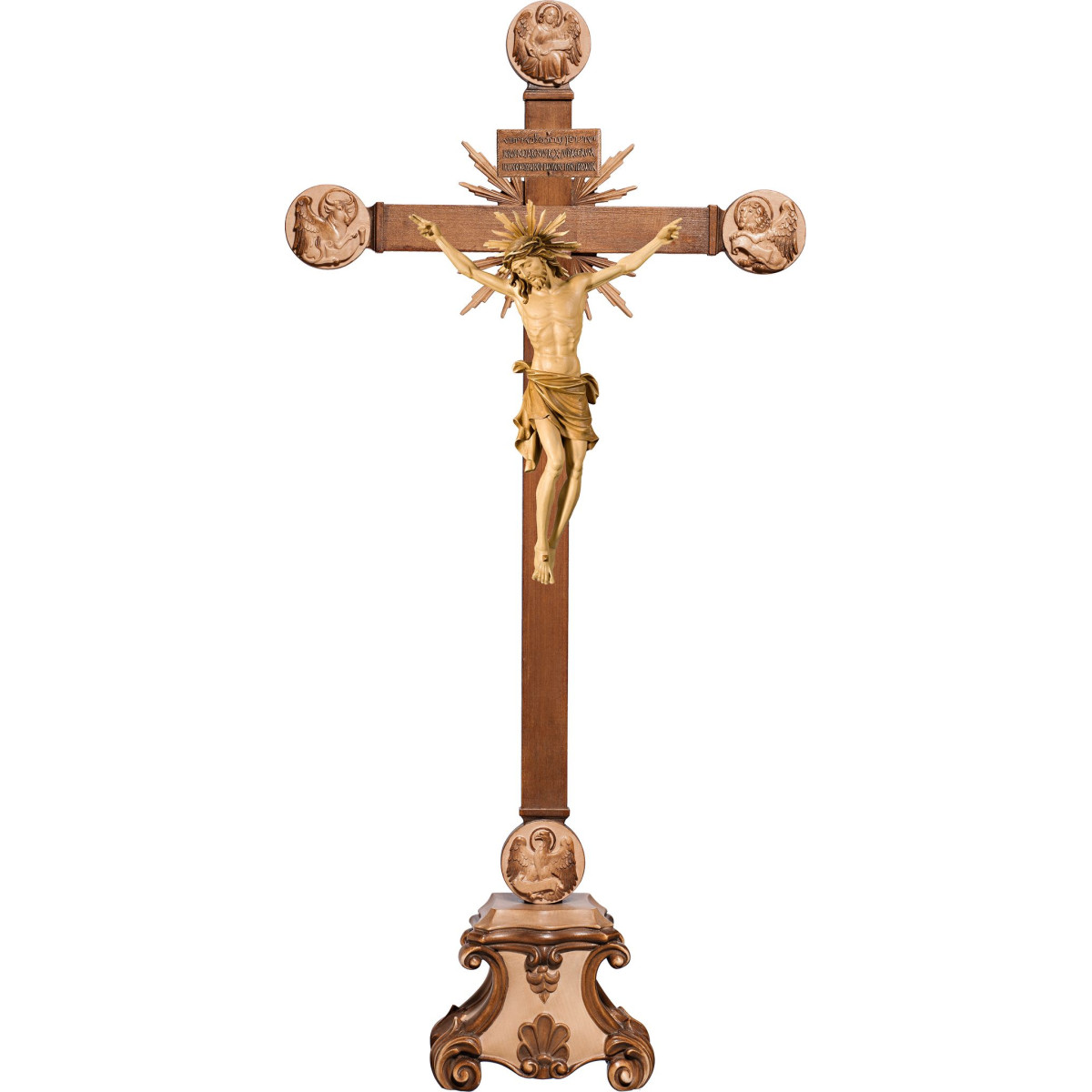 Corpus Baroque on cross with Evangelists and rays on pedestal with Titulus Crucis in hebrew - latin - greek