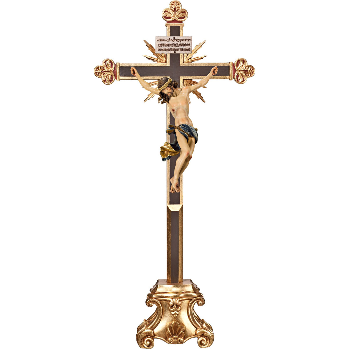 Corpus Barock auf Standkreuz barock mit Strahlen Titulus Crucis in hebräisch - latein - griechisch